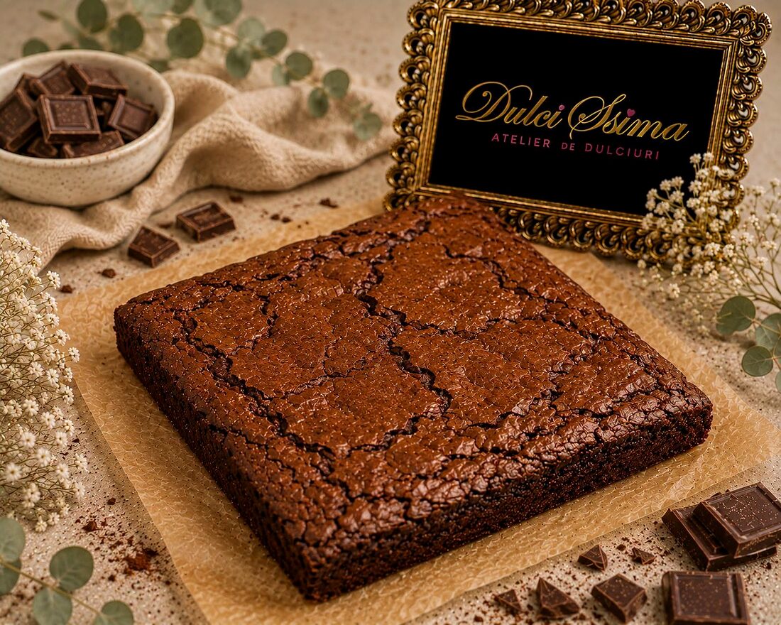Brownie intens ciocolatos, cu crustă crocantă, alături de bucăți de ciocolată