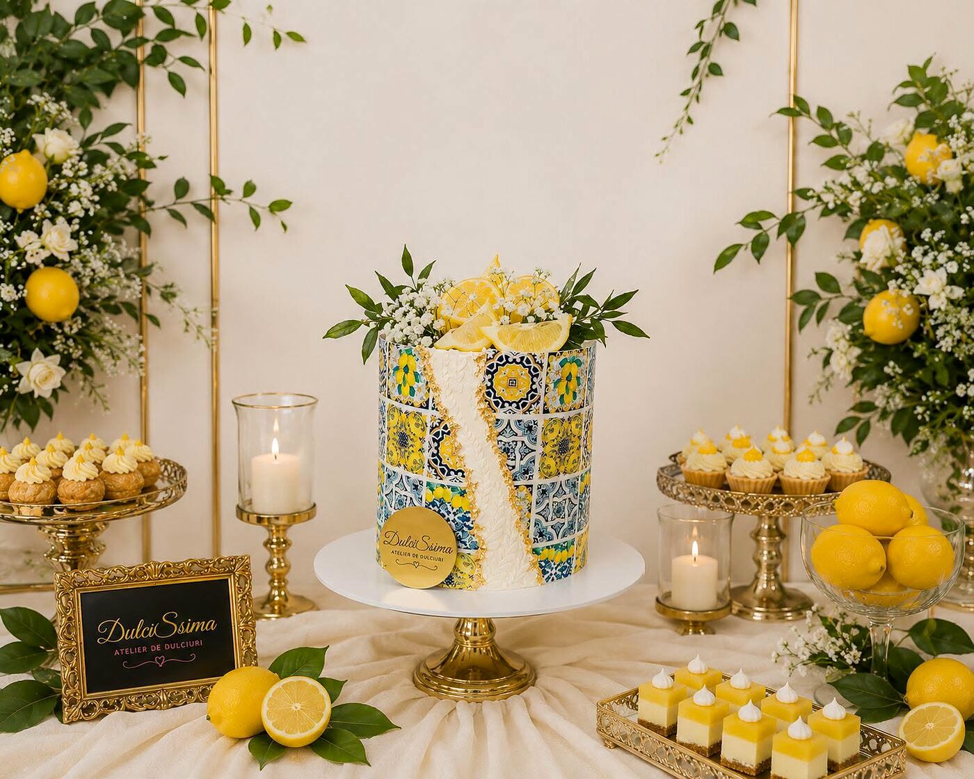 Candy bar cu tematică Positano, cu lămâi, galben și albastru mediteranean