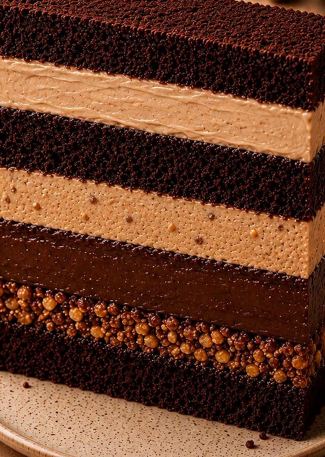 Felie de tort Nociolla și praline, cu straturi de blat de cacao, cremă de alune și crocant de praline