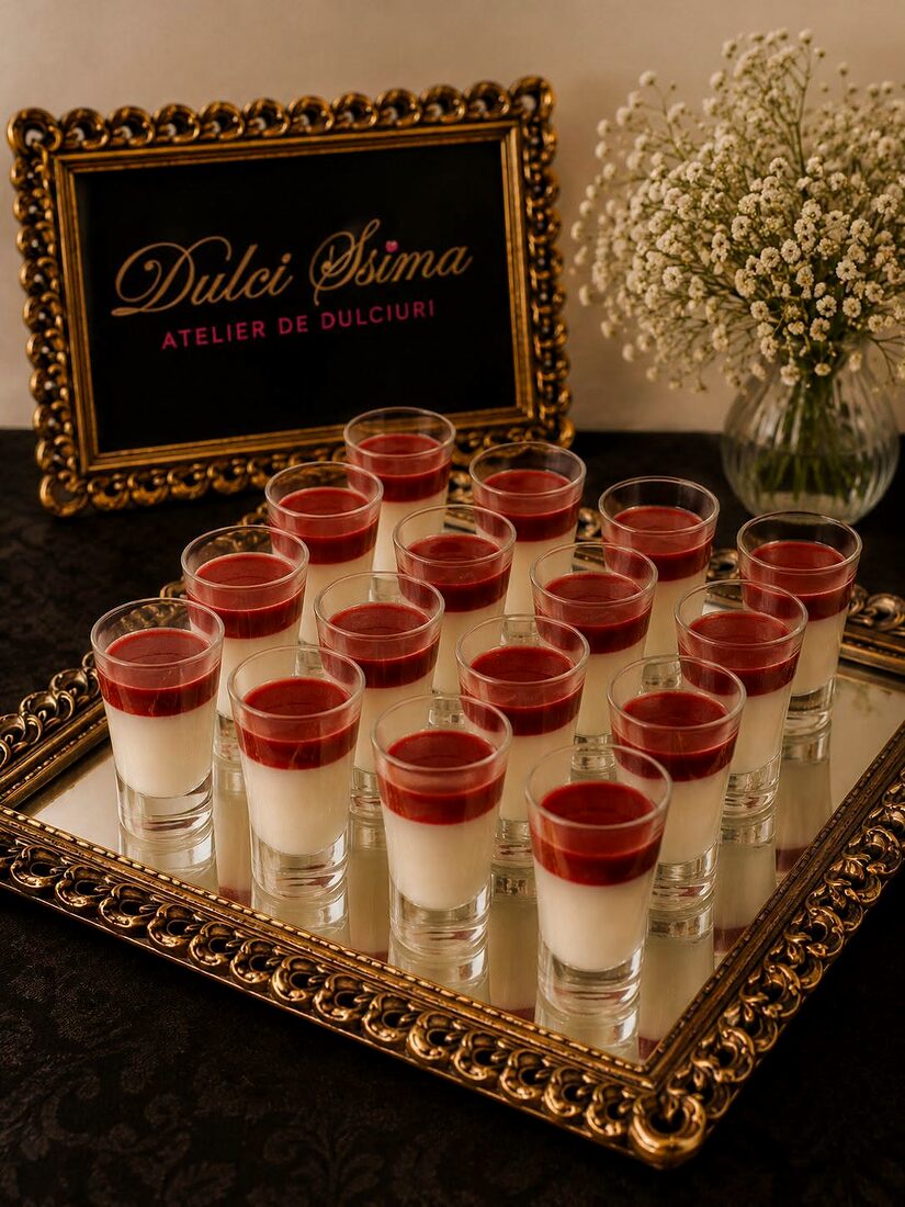 Pahare cu panna cotta și piure de fructe roșii, pe tavă aurie