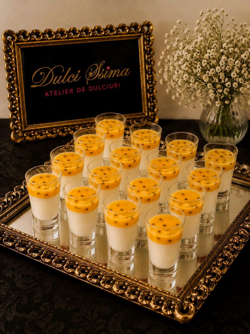 Pahare cu panna cotta și topping de mango și fructul pasiunii, pe tavă aurie