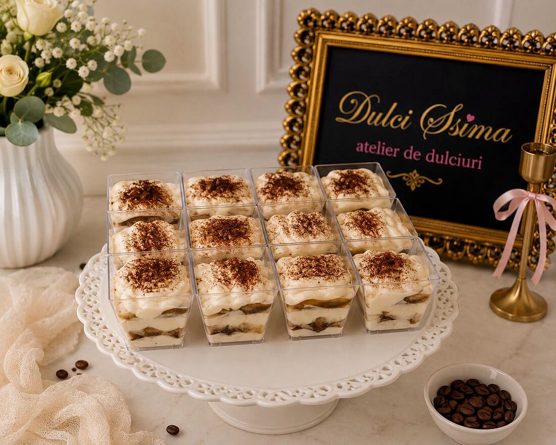 Porții de tiramisu pe platou, presărate cu cacao