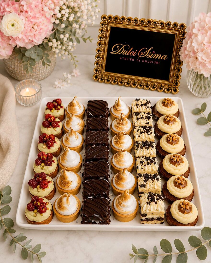 Platou cu mini prăjituri asortate: choux, cheesecake, tarte și amandine