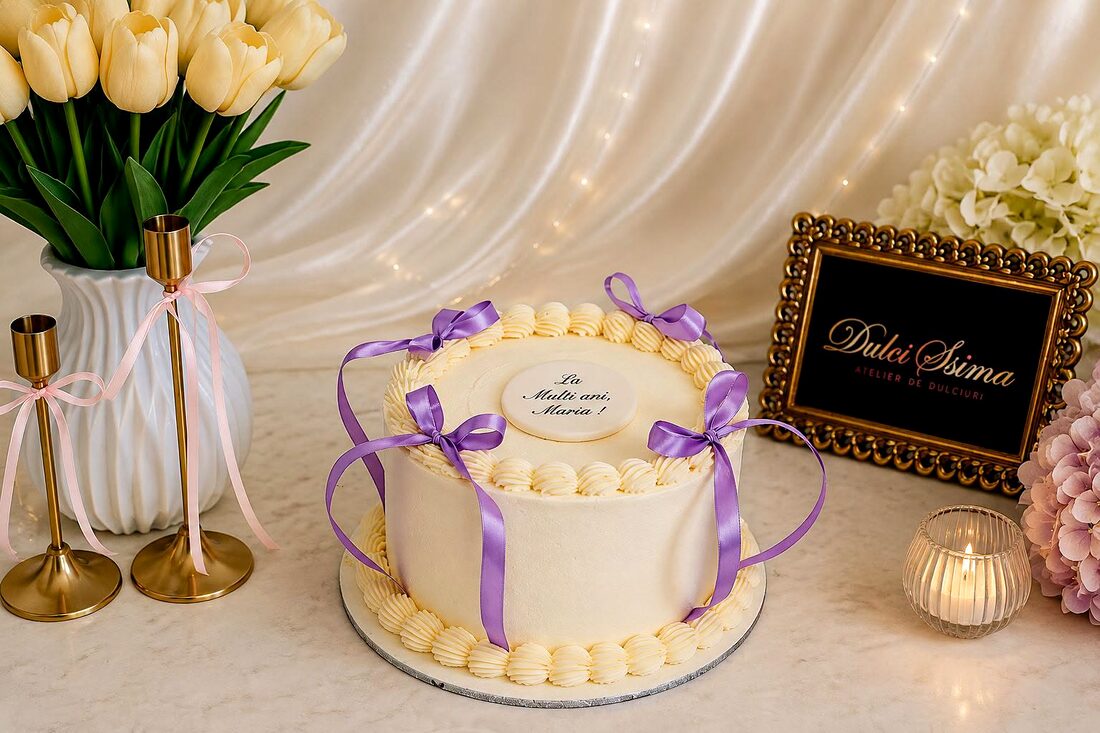 Tort alb delicat, decorat cu fundițe mov din satin