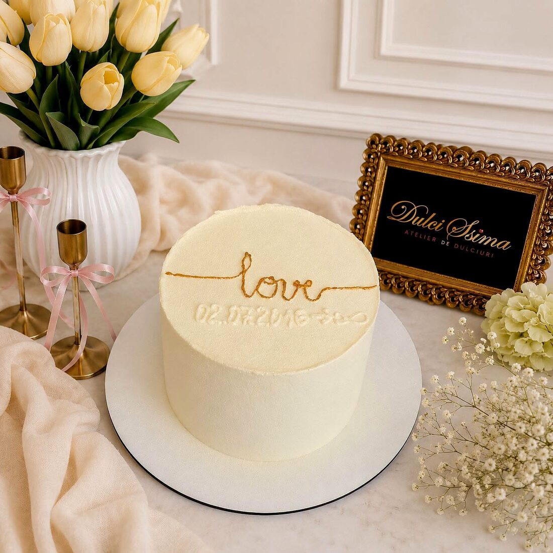 Tort crem minimalist cu inscripția „love” din auriu