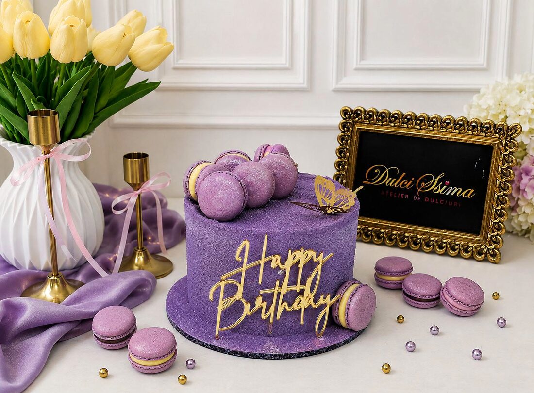 Tort mov catifelat cu macarons și fluture auriu