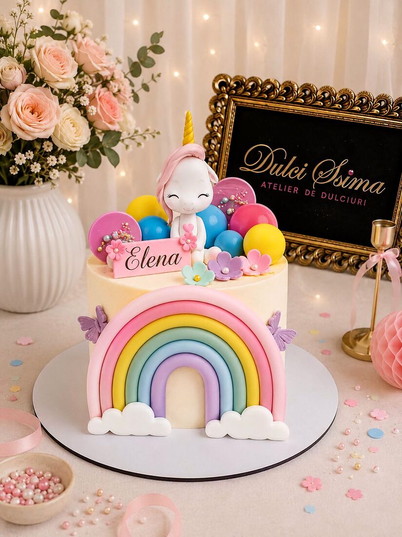 Tort cu unicorn zâmbitor, curcubeu pastel și baloane colorate