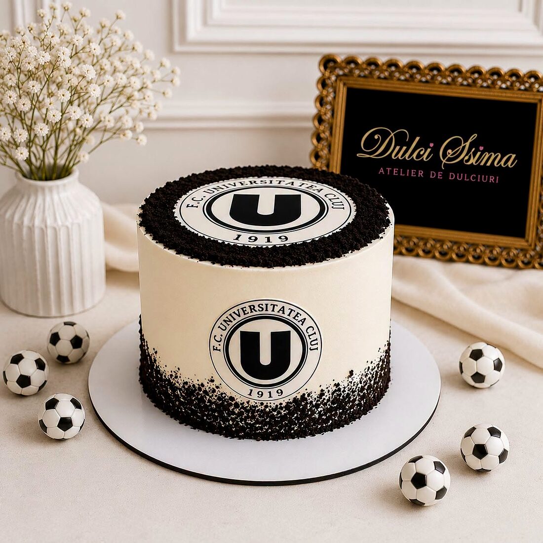 Tort alb-negru cu emblema Universității Cluj și mingi de fotbal din ciocolată